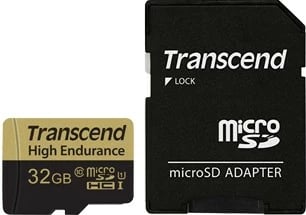MicroSDHC kartelë Transcend High Endurance 32GB, Class 10, MLC, me adapter, e zezë/artë