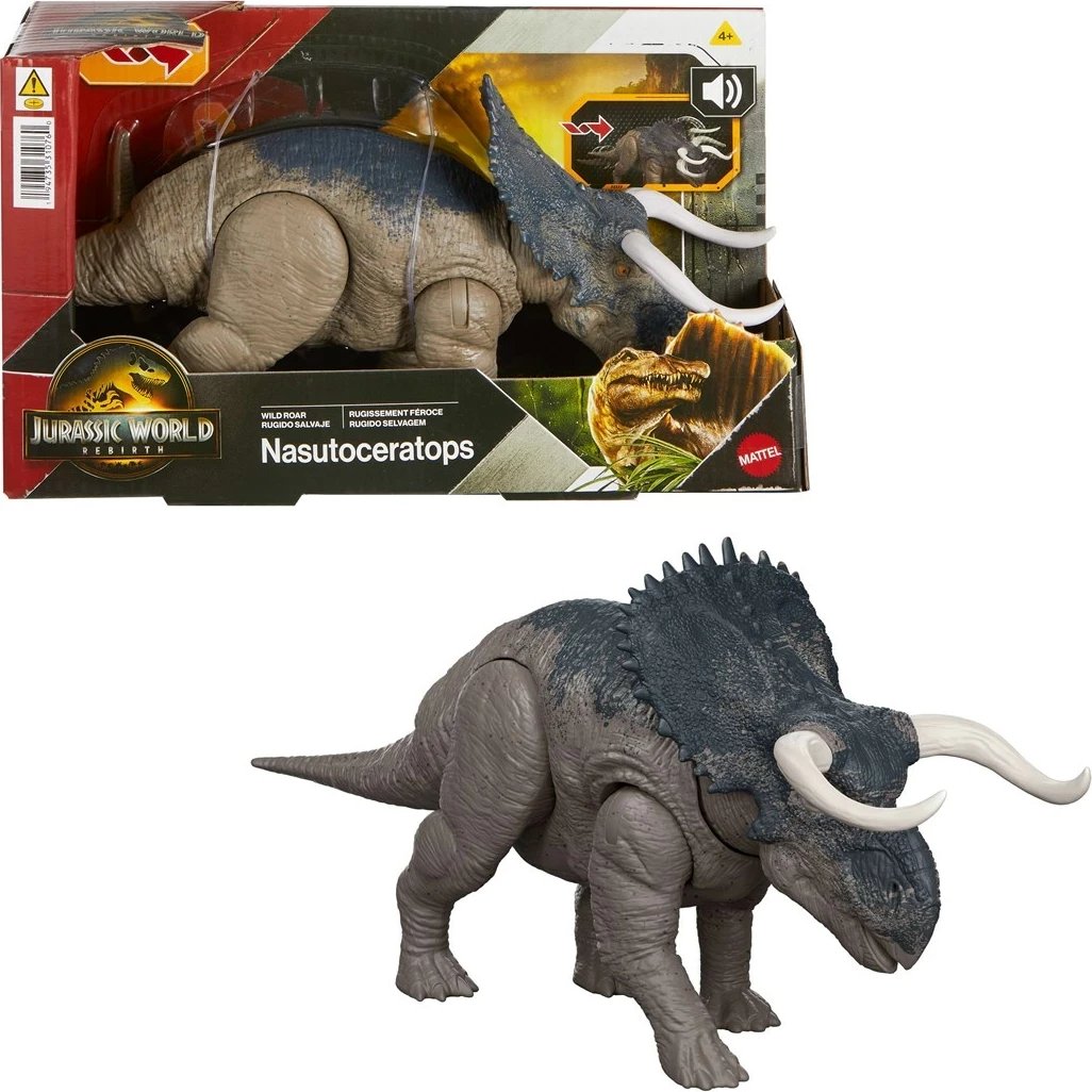 Lodër dinosauri MATTEL Jurassic World Rebirth Wild Roar Nasutoceratops, shumëngjyrëshe