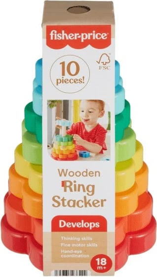 Lodër druri Fisher Price Wooden Pyramid HXT77, shumëngjyrëshe, 10 pjesë