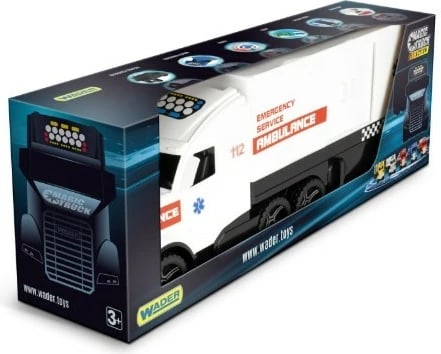 Kamion lodër ambulancë me rimorkio, Wader, Magic Truck Action 36211, gjatësi 81 cm, plastike, e bardhë e kuqe e zezë