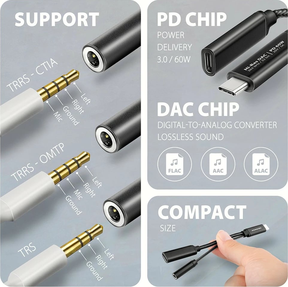 Kartë zanore e jashtme AXAGON ADA-HCPD, USB-C, DAC 32bit, 384kHz, PD 60W, e zezë