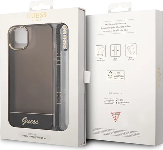Mbështjellës Guess GUHCP14SHGCOHK për iPhone 14 6.1", me rrip perlë, i zi