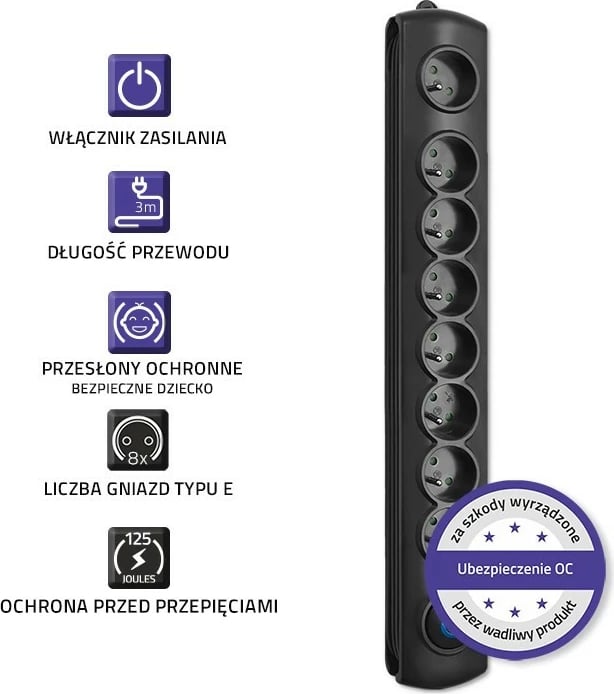 Prizë mbrojtëse Qoltec 50114 me 8 dalje, 3m, e zezë
