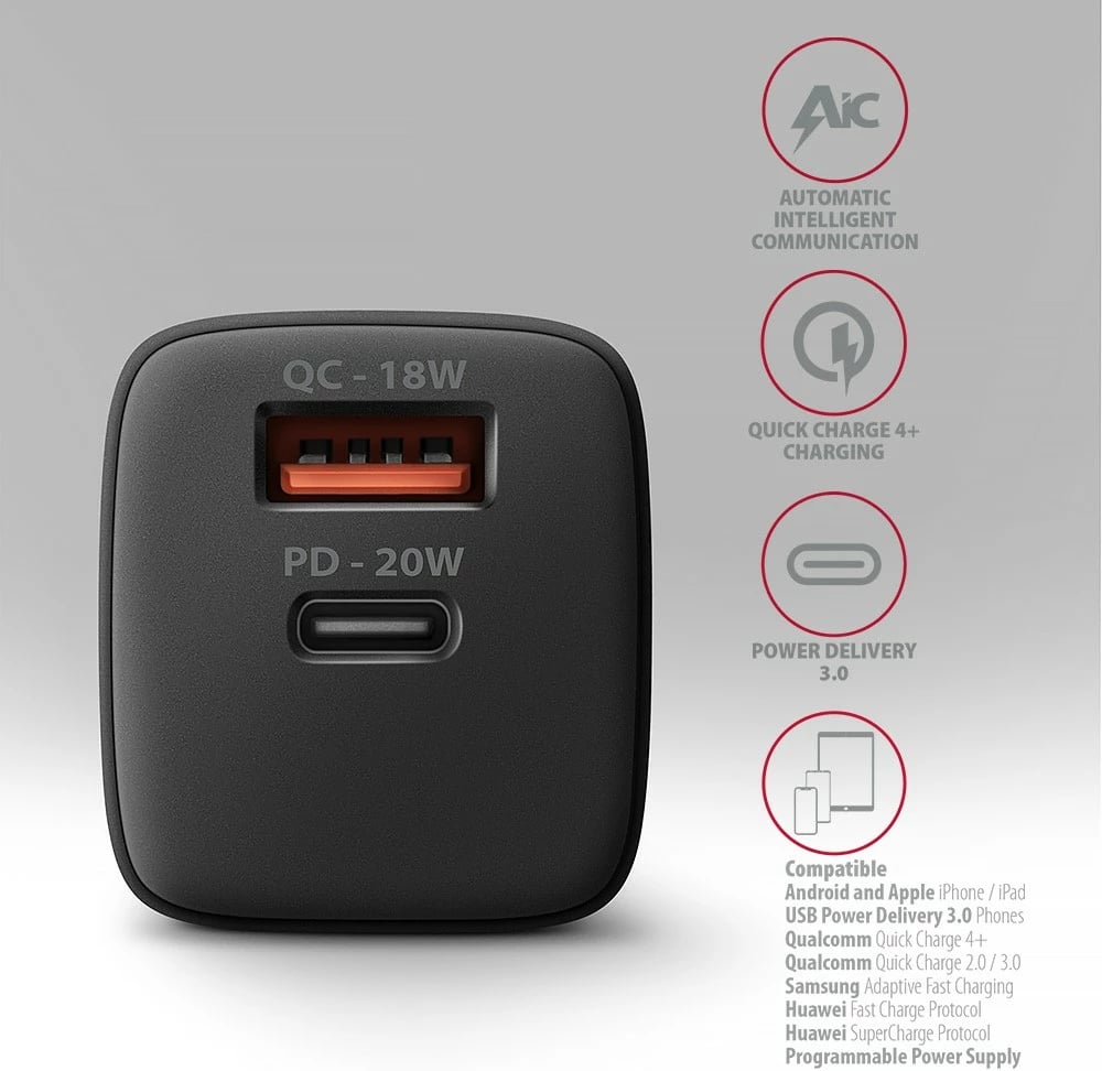 Karikues muri AXAGON ACU-PQ20, 20W, 2 porta (USB-C PD + USB-A QC), i zi