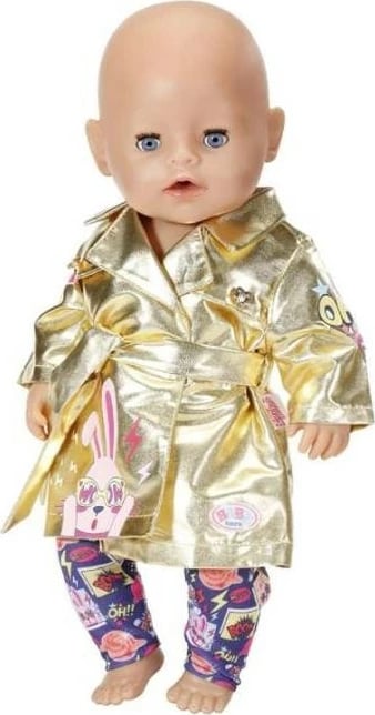 Set rroba për kukull Baby Born Zapf 43 cm, pallto e artë dhe pantallona shumëngjyrëshe