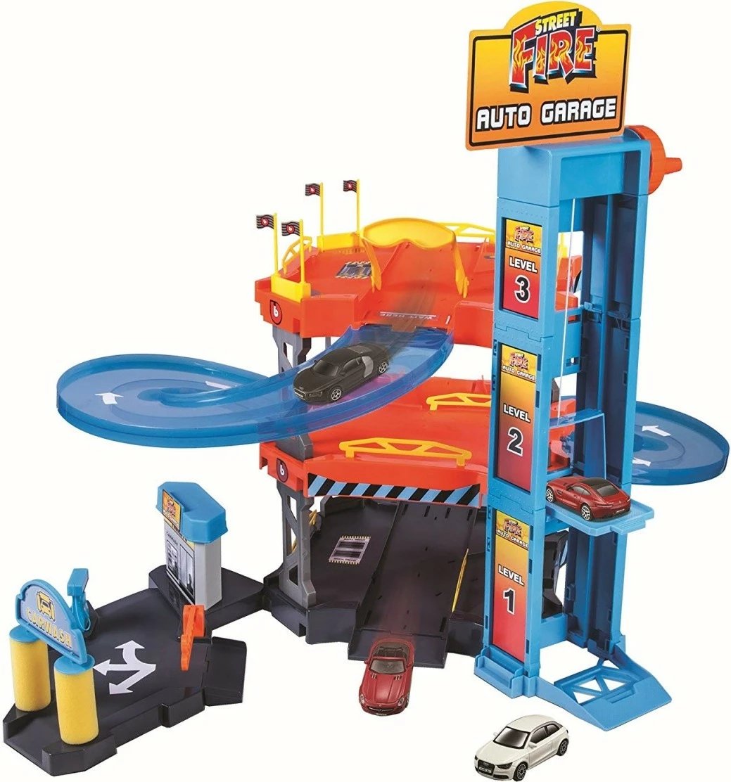 Set garazh lodër Bburago Street Fire Auto Garage me 2 makina, shumëngjyrësh