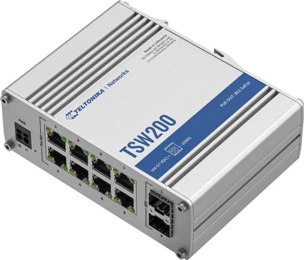 Switch industrial TELTONIKA TSW200, 8x Gigabit PoE+, 2x SFP, gri