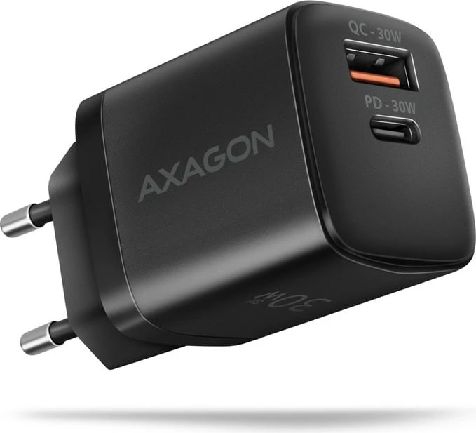 Mbushës muri AXAGON ACU-PQ30, 30W, 2 porta (USB-A QC3.0/4.0 + USB-C PD3.0), i zi