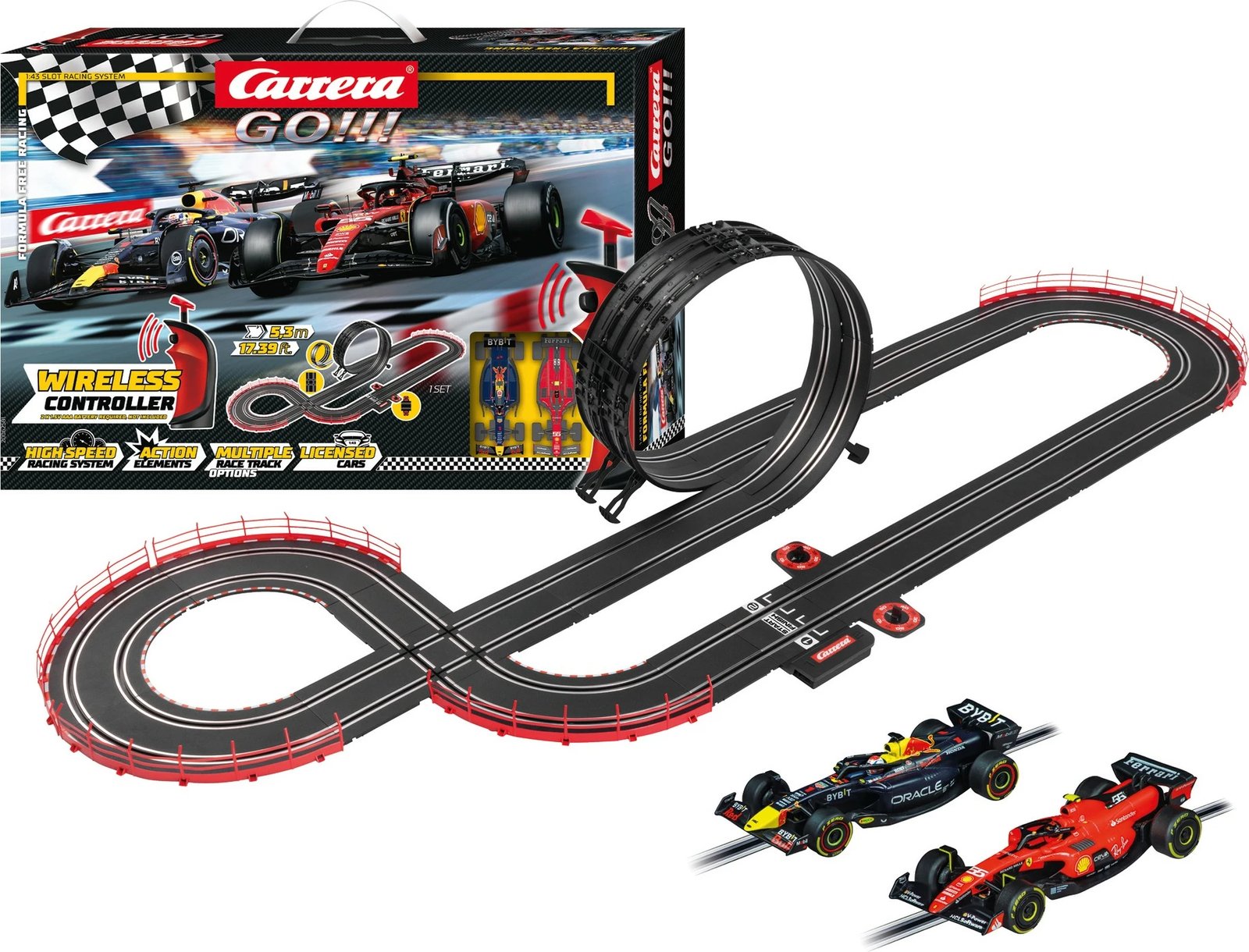 Set gare Carrera GO Formula Free Racing, wireless, 2 makina, 5.3m pistë, shumëngjyrësh