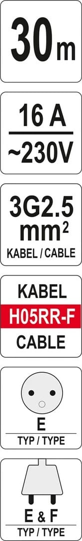 Zgjatues elektrik me tambur YATO YT-8106, 30 m, 4 dalje, IP44, zi/kuq/bardhë