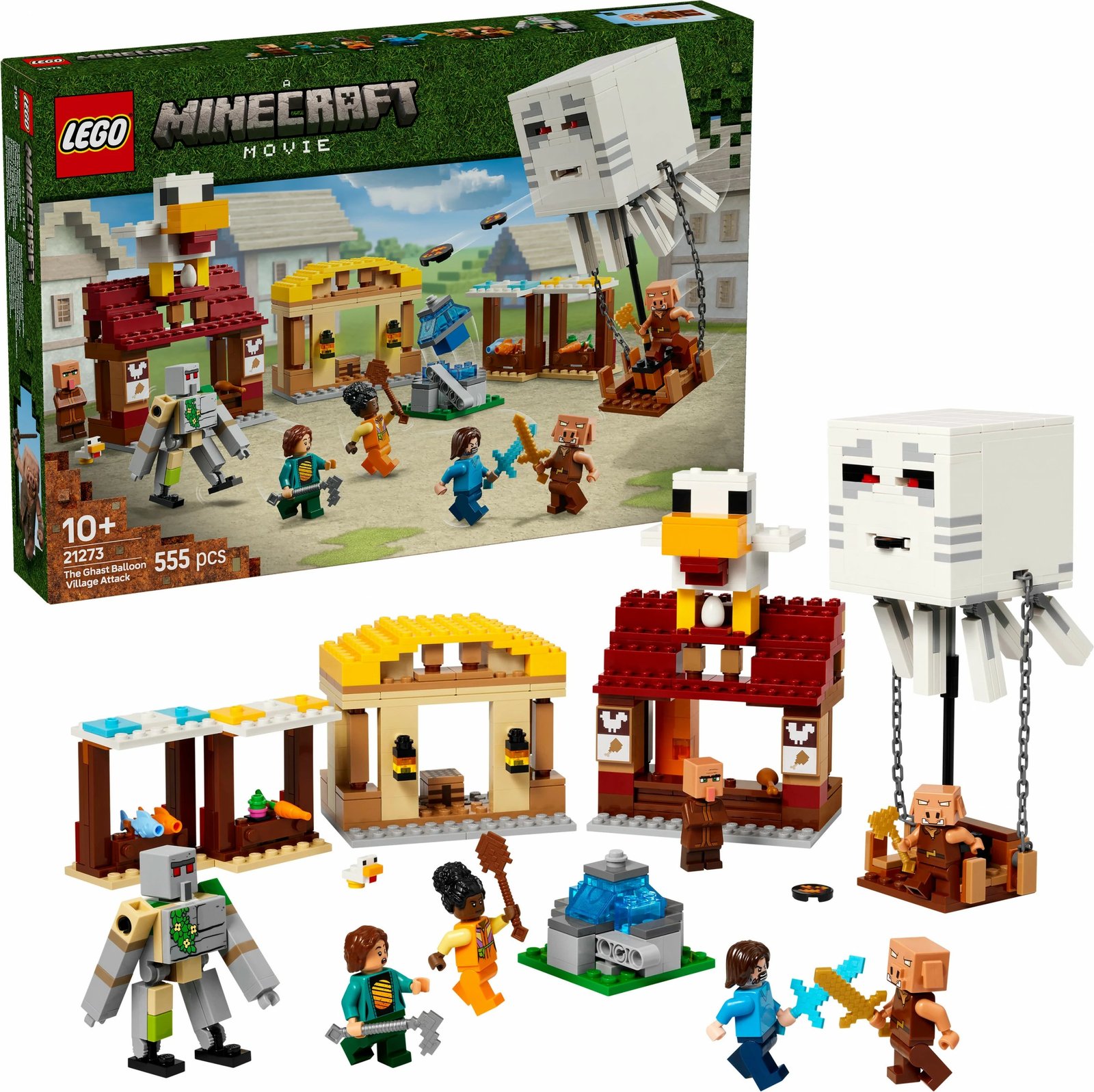Set ndërtimi LEGO The Ghast Balloon Village Attack, 555 pjesë, plastikë, shumëngjyrësh