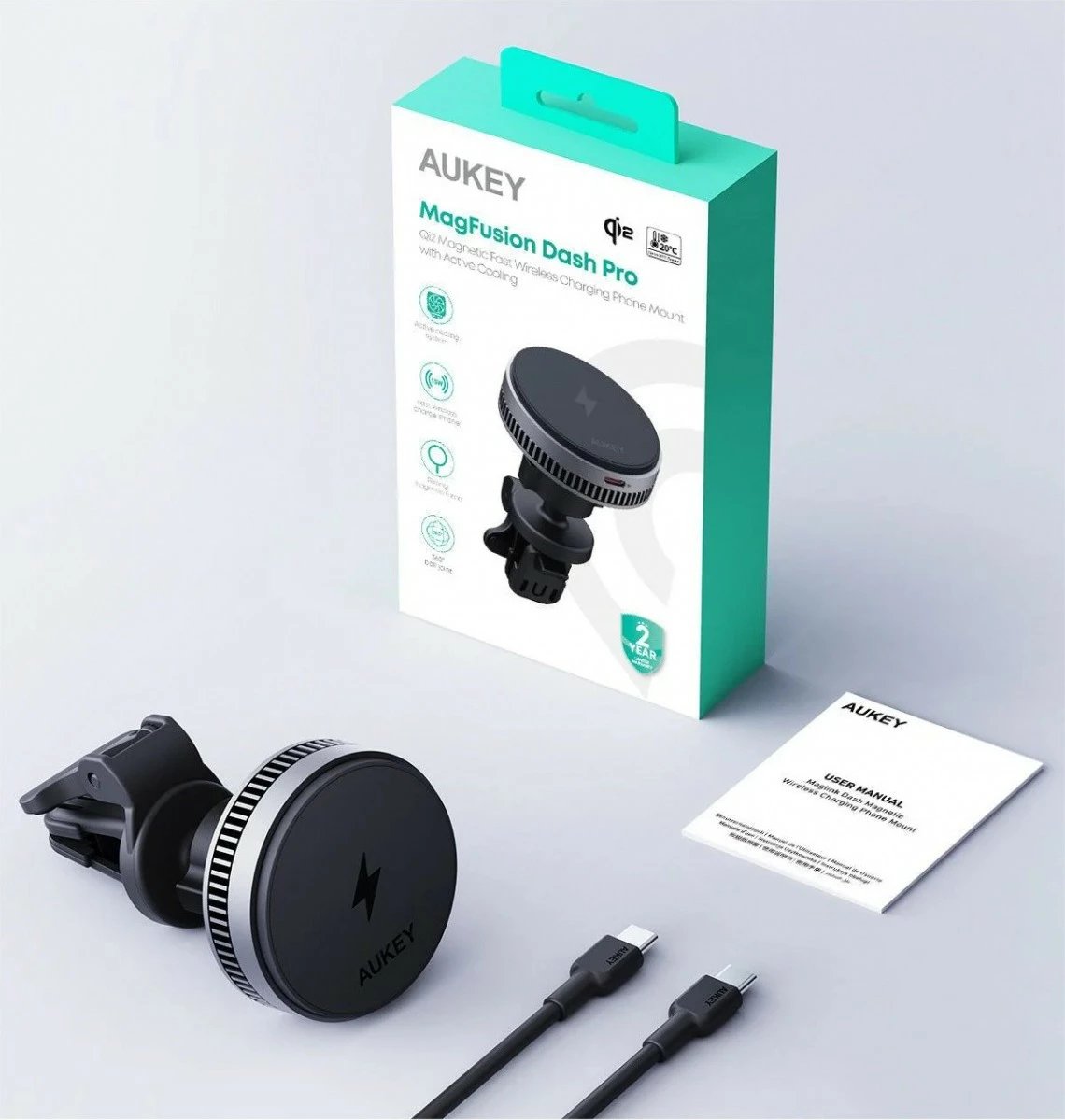 Mbajtës magnetik për veturë AUKEY HD-MC13A MagFusion Dash Pro, karikim wireless Qi2 15W, ftohje aktive, i zi