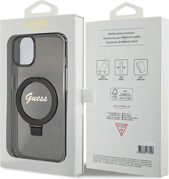 Mbështjellës Guess Ring Stand Script Glitter MagSafe për iPhone 15 Plus / 14 Plus, i zi