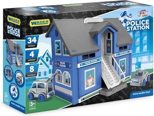 Set shtëpi loje Wader Play House Police Station, 4 vetura, 8 mobilje, Blu/Gri/Bardhë