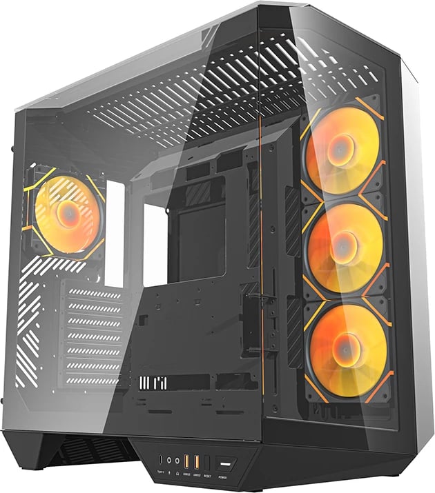 Kasë Darkflash DY470 me 4 ventilatorë ARGB dhe mbajtëse GPU, e zezë