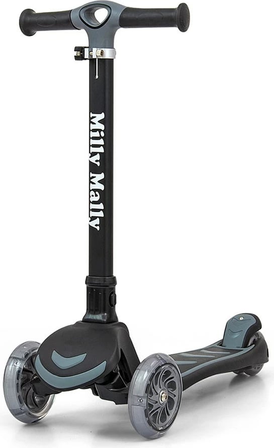 Trotinetë, Milly Mally Boogie, 3 rrota me drita, doreza të buta, timon i rregullueshëm 3 nivele, deri 50 kg, e zezë