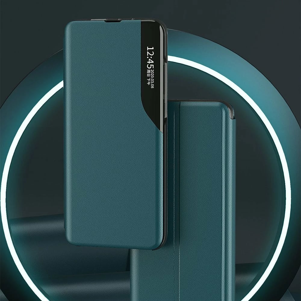 Mbështjellës Hurtel Eco Leather View Case për Samsung Galaxy A02s EU, me kapak dhe qëndrim, i zi