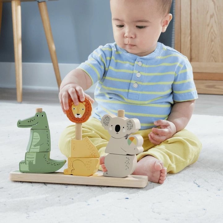 Lodër druri Fisher Price HXV04, kafshë për renditje dhe vendosje, shumëngjyrëshe, set me 10 pjesë