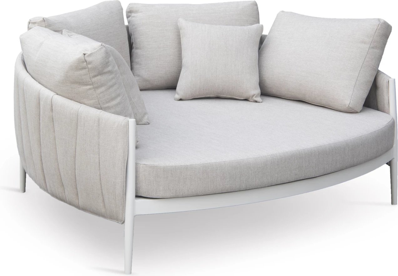 Daybed gjysmë-rrethore për dy persona, alumin, ngjyrë krem e bardhë, pëlhurë OLEFIN & rrip, 164x144x70cm