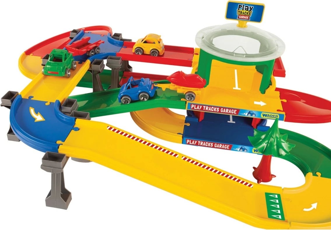 Set garazh lodër Wader Mega Garage Play Tracks, 5.5m pistë, 5 makina, shumëngjyrëshe