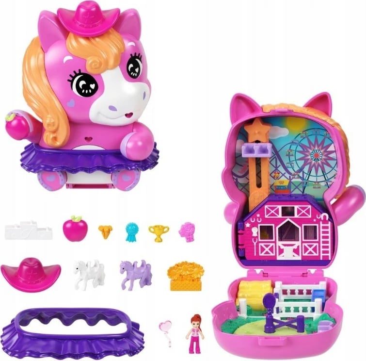 Set lodrash Polly Pocket Pony Rodeo, Mattel, JFG56/JCR39, me figurina dhe aksesorë, Rozë Set lodrash Polly Pocket Pony Rodeo, Mattel, JFG56/JCR39, me figurina dhe aksesorë, Rozë