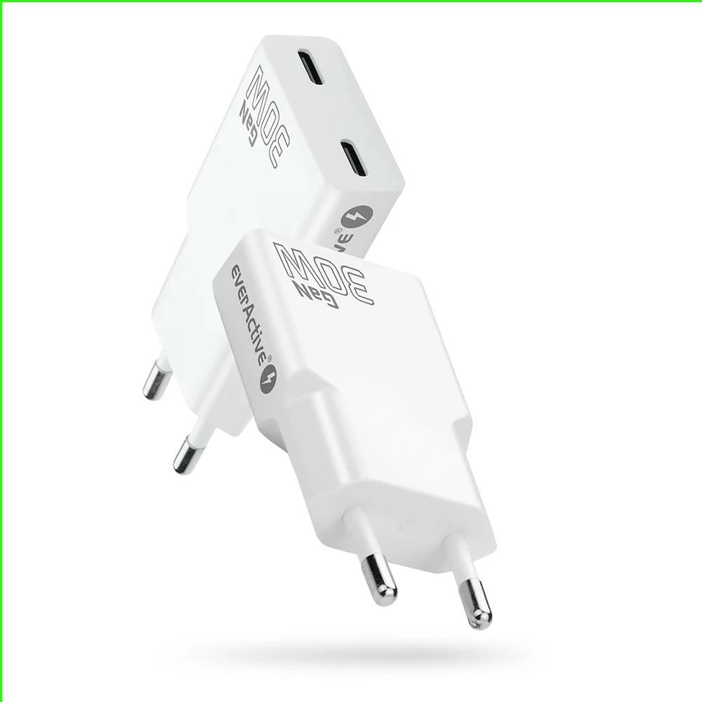 Adapter karikues muri, everActive, SC-385Q, GaN PD 30W, 2x USB-C, super slim, bardhë