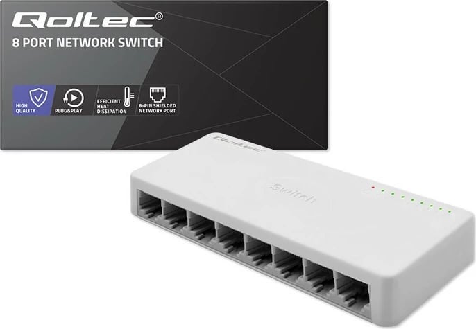 Switch rrjeti Qoltec 52248, 8 porta RJ45, 1000Mbps, i bardhë