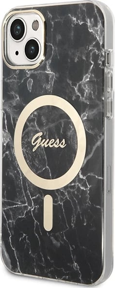 Mbështjellës Guess Marble Collection me MagSafe dhe karikues wireless për iPhone 14 Plus, 6.7", i zi, set