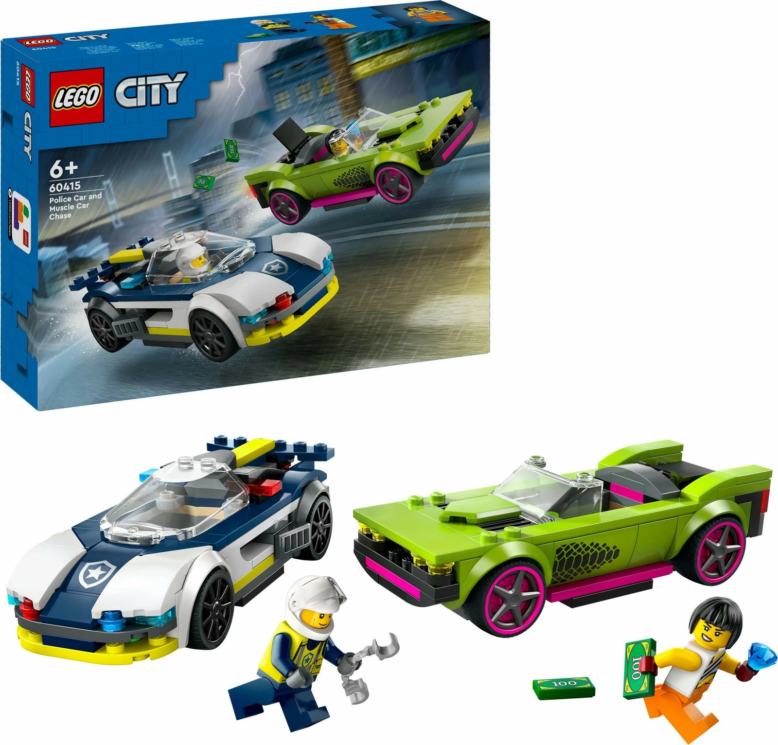 Set ndërtimi LEGO City 60415, veturë policie dhe muscle car, shumëngjyrëshe