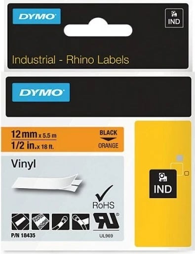Shirit etiketime vinili DYMO 18435, 12mm x 5.5m, zi/portokalli