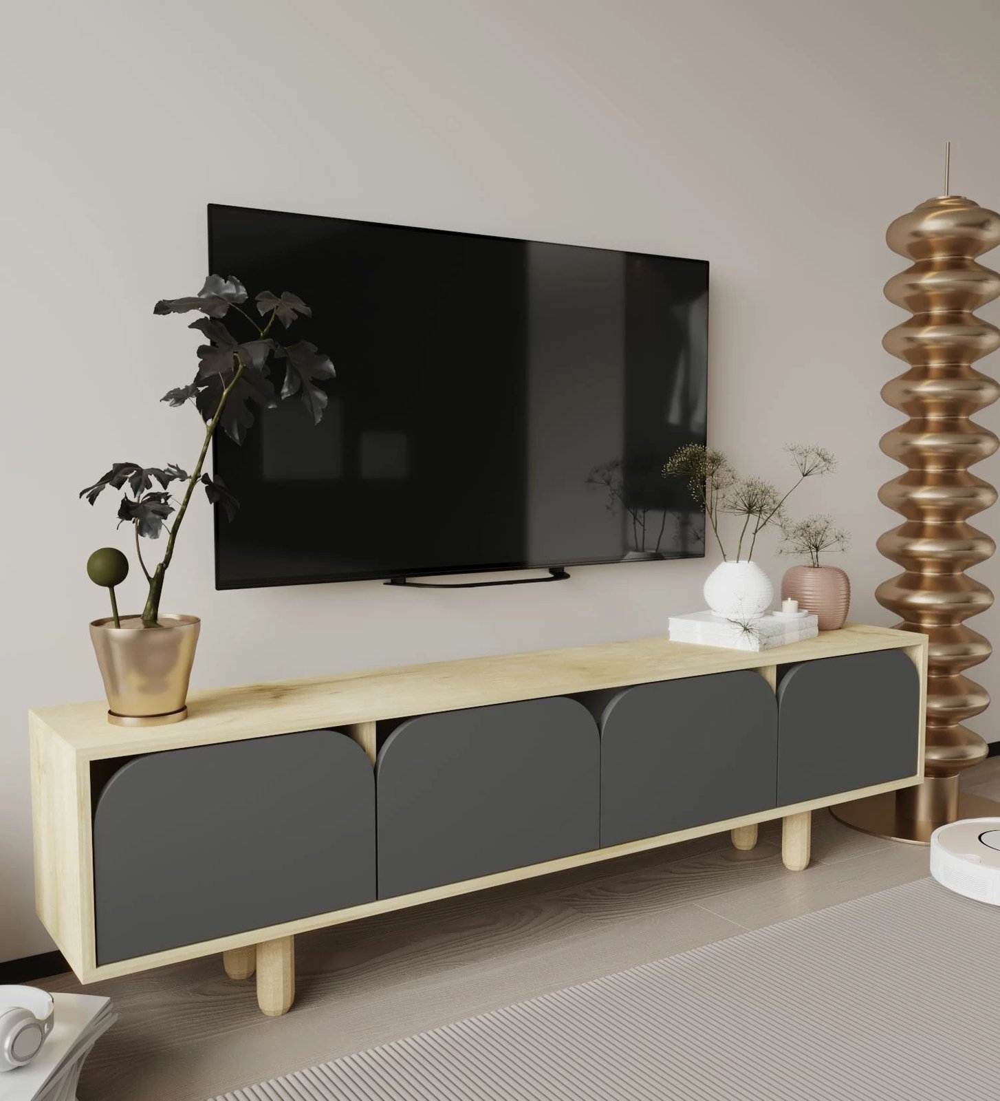 Komodë TV Skye Decor, ngjyrë lisi safir dhe antracit, Lazio