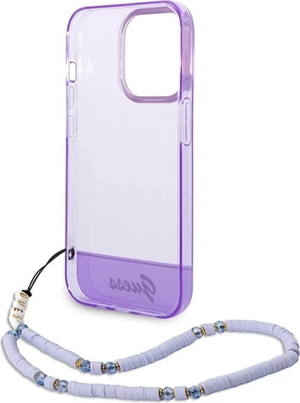Mbështjellës Guess GUHCP14XHGCOHU për iPhone 14 Pro Max 6.7", Translucent Pearl Strap, vjollcë