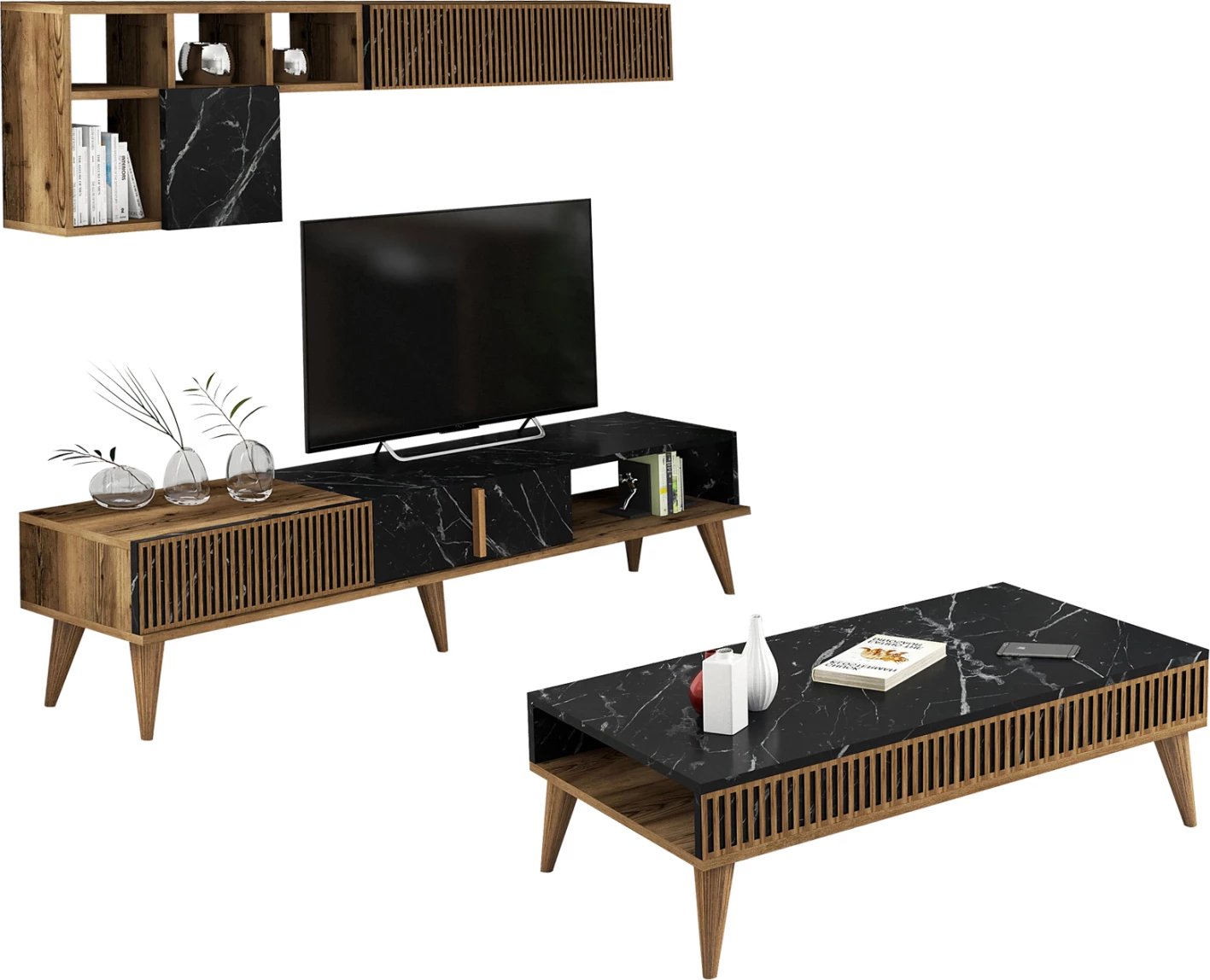 Kompozim për dhomë ndeje FH11847.02 2 pjesë në pamje arre dhe mermeri të zi