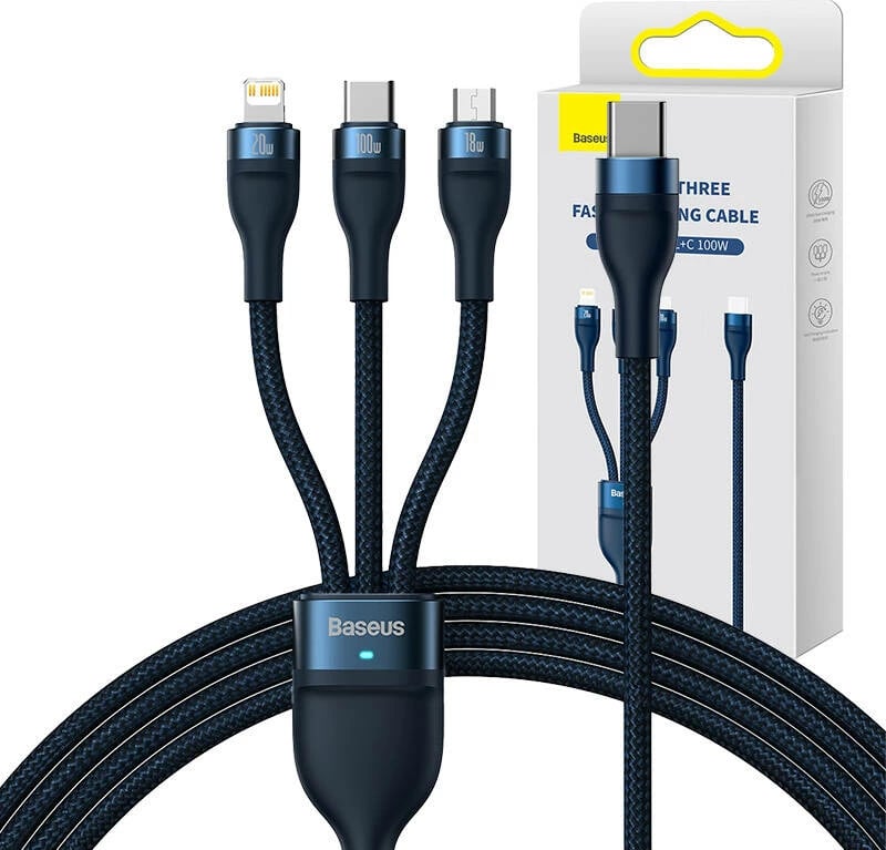 Kabllo 3-në-1 Baseus Flash Series 2, 1.5m, 100W, USB-C + micro USB + Lightning, blu