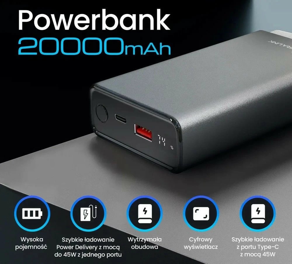 Powerbank Extralink EPB-126, 20000 mAh, 45W, Gri