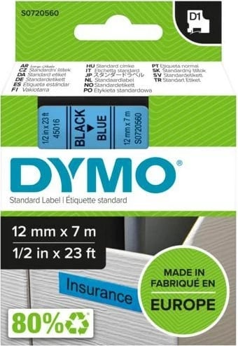 Etiketa ngjitëse DYMO D1 Standard, 12mm, E zezë në blu