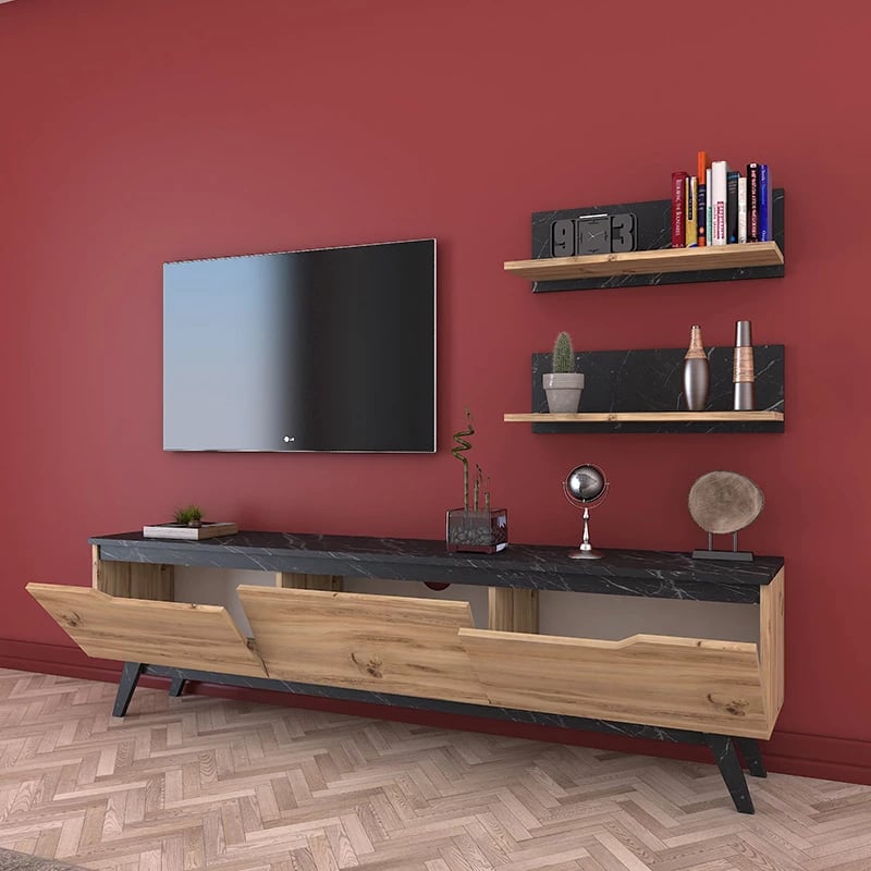Njësi TV Kasia, ngjyrë lisi dhe mermeri të zi, 180x35x48,5cm