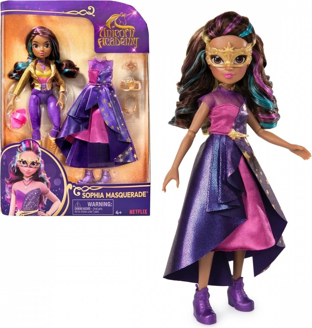 Kukull Unicorn Academy Spin Master Sophia Masquerade me 9 aksesorë, 23 cm, shumëngjyrëshe