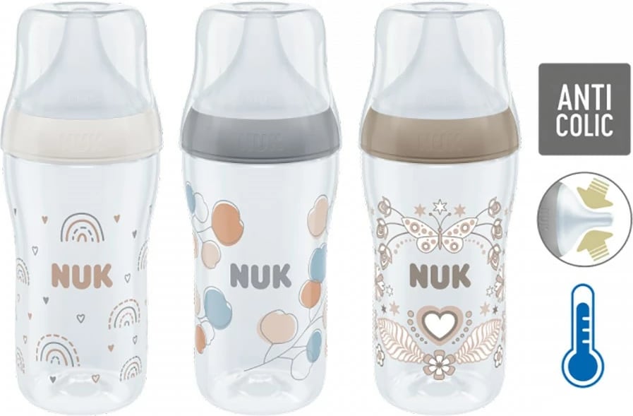 biberon NUK Perfect Match Temperature Control 260 ml, silikon anti-kolik Size M (3m+), gri