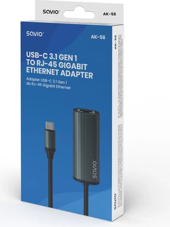 Adapter SAVIO USB-C në RJ-45 Gigabit Ethernet, AK-56, gri
