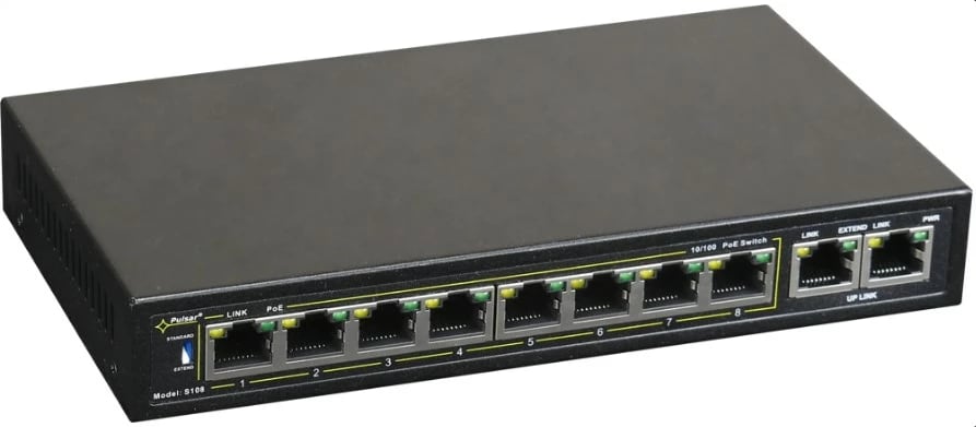 Switch rrjeti PULSAR S108, 10 porta Fast Ethernet, 8x PoE+, i zi
