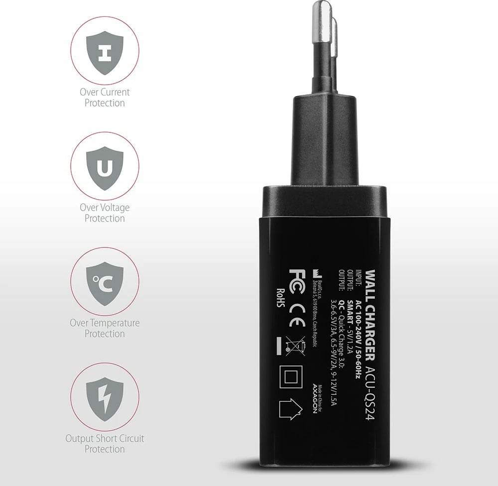 Karikues rrjeti AXAGON ACU-QS24, 24W, 2x USB-A, QC3.0/AFC/FCP, i zi