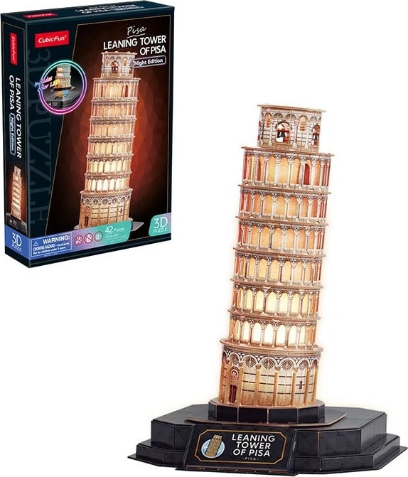 Puzzle 3D Cubic Fun Leaning Tower of Pisa Night Edition me LED, 42 pjesë