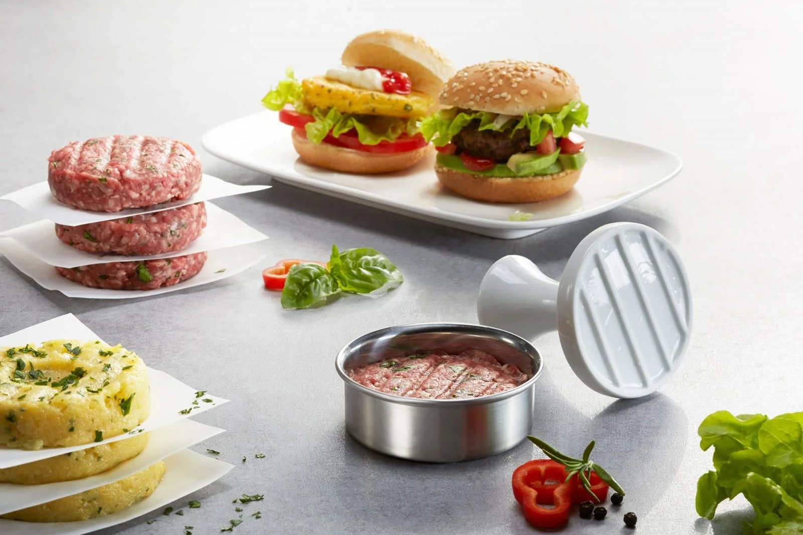 Shtypës hamburgerësh GEFU SPARK i vogël, Porcelan, Bardhë