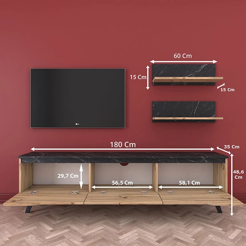 Njësi TV Kasia, ngjyrë lisi dhe mermeri të zi, 180x35x48,5cm