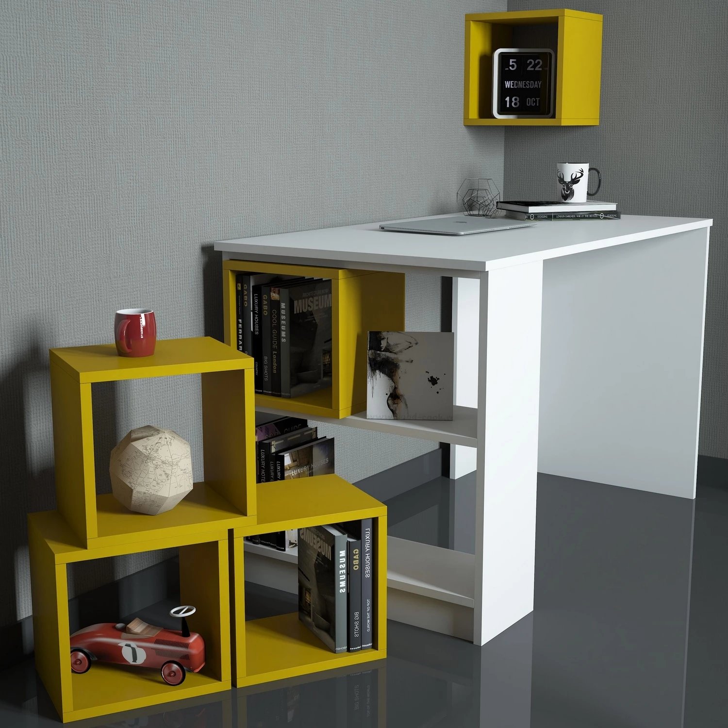 Set tavoline studimi me raft librash, ngjyrë bardhë-verdhë, Skye Decor