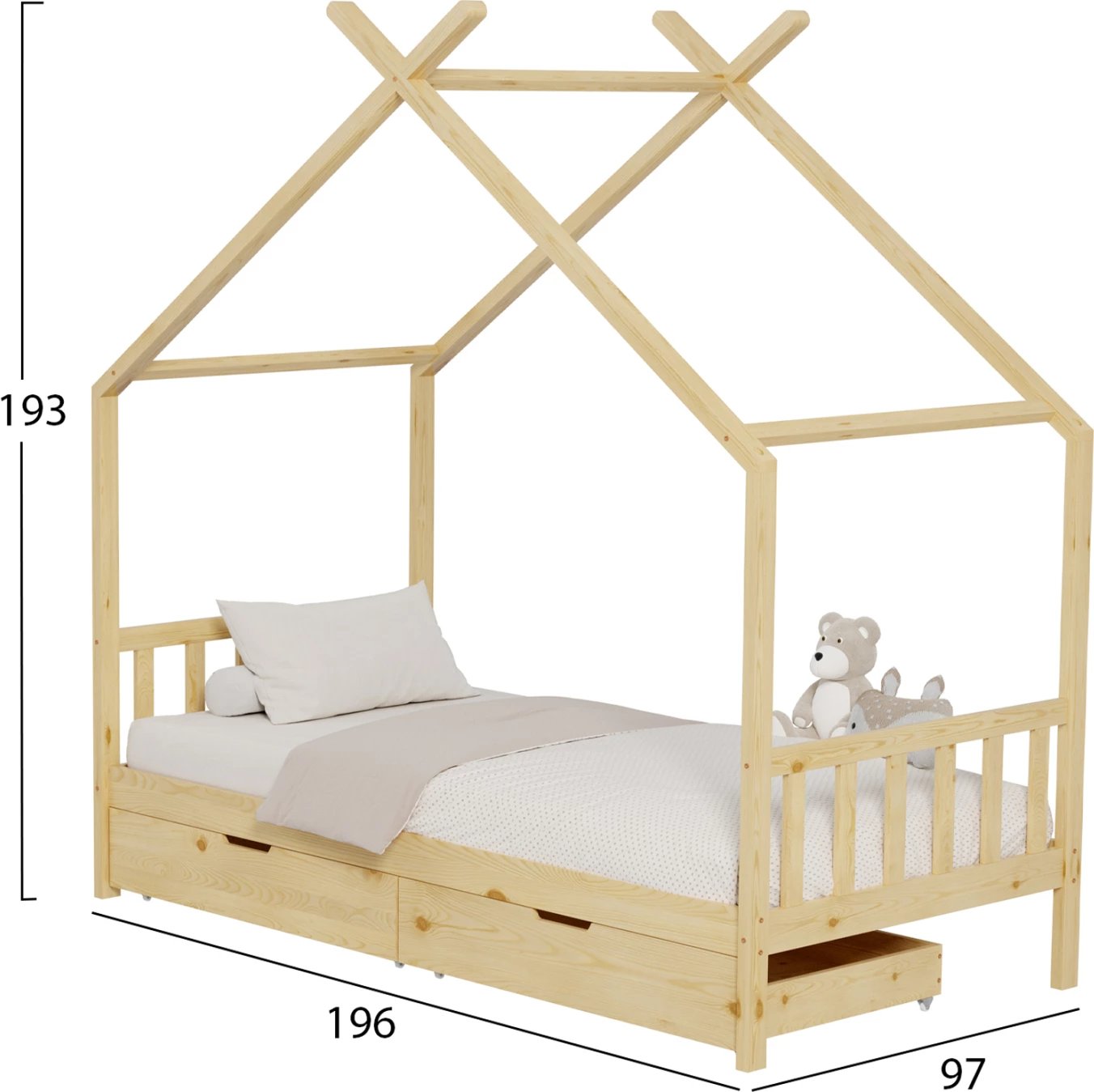 Krevat për fëmijë KLARICE FH680.01 t.MONTESSORI-2 sirtarë- dru pishe i fortë në ngjyrë natyrale- 190x90cm