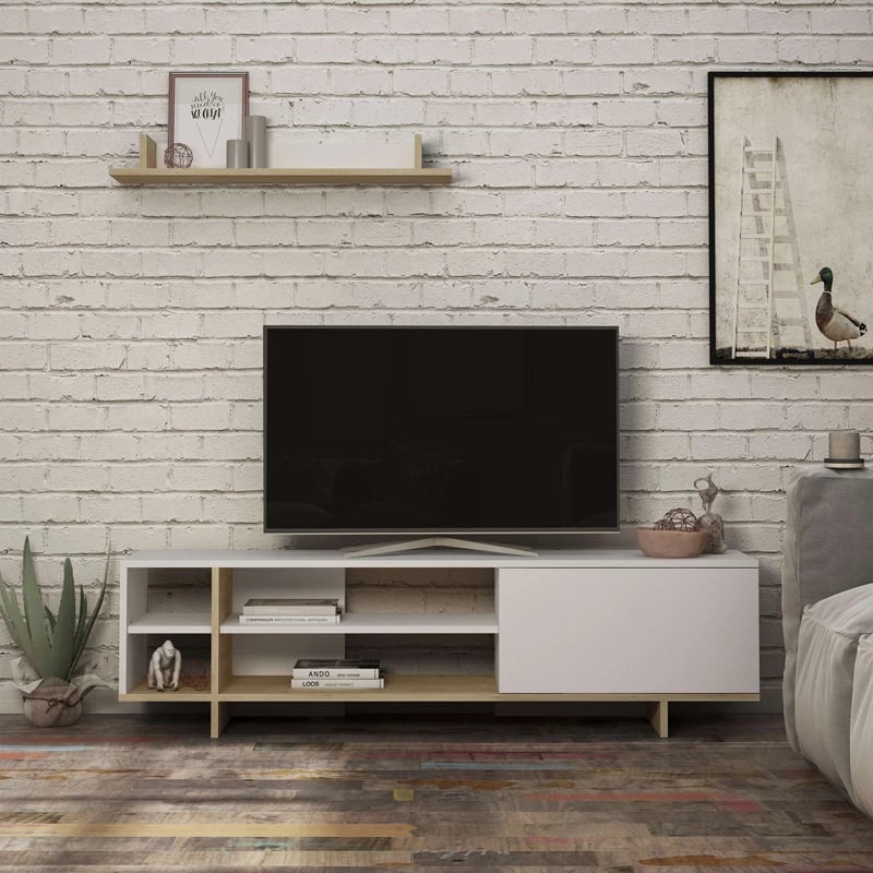 Njësi TV Saloon, ngjyrë bardhë-lisi, 160x35.5x44cm