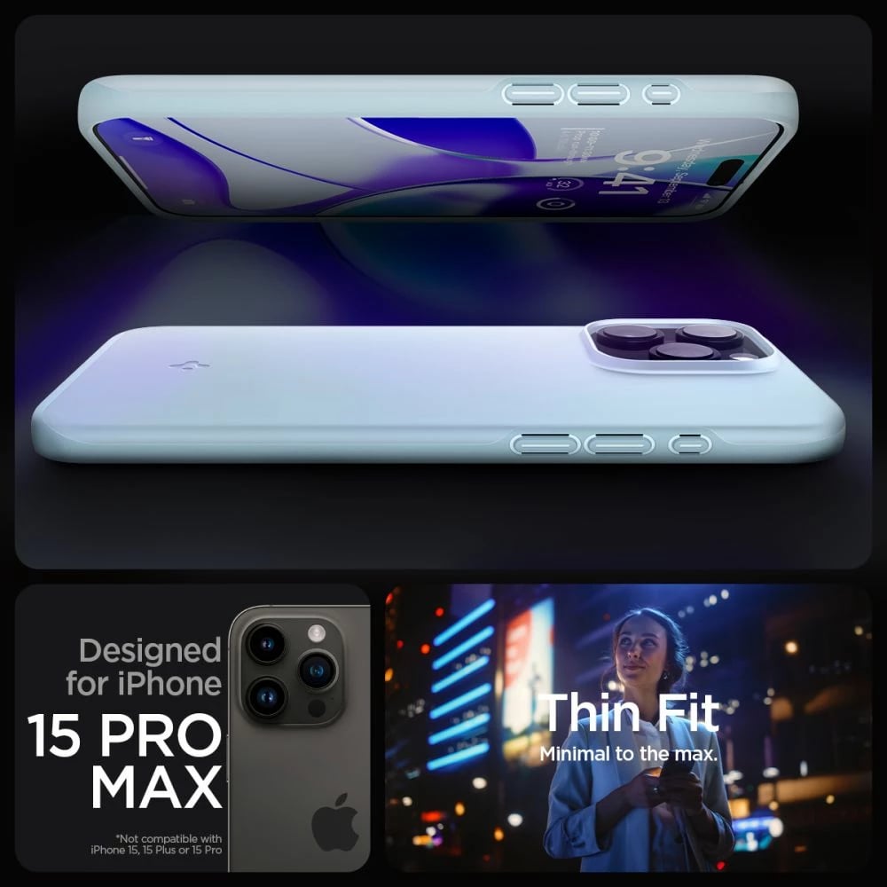 Mbështjellës Spigen Thin Fit për iPhone 15 Pro Max, kaltër e çelët