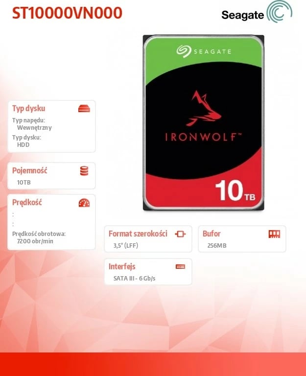 Hard disk i brendshëm Seagate IronWolf ST10000VN000, 10TB, 3.5", 256MB, SATA III